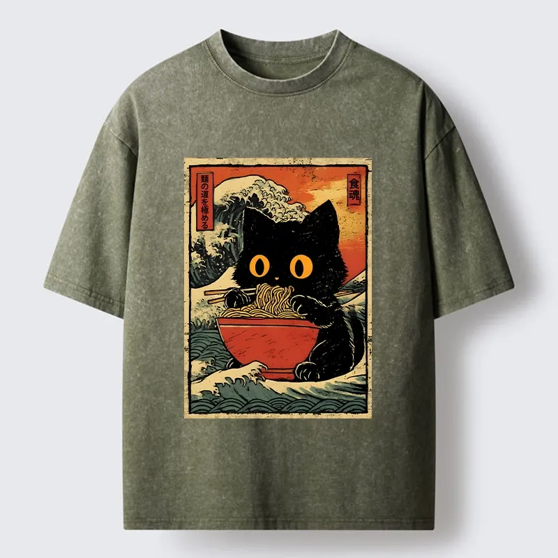 Tokyo-Tiger Cool Wave Art Cat Loves Ramen Bowl Washed T-Shirt