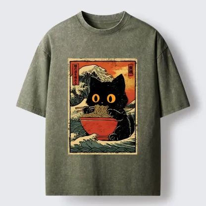 Tokyo-Tiger Cool Wave Art Cat Loves Ramen Bowl Washed T-Shirt