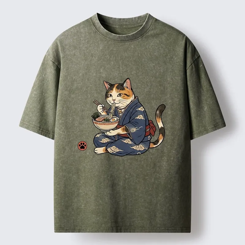 Tokyo-Tiger Traditional Japanese Cat Noodle Lover Washed T-Shirt Sale