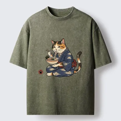 Tokyo-Tiger Traditional Japanese Cat Noodle Lover Washed T-Shirt