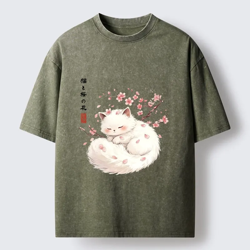 Tokyo-Tiger Soft Sakura White Cat Peaceful Sleep Washed T-Shirt