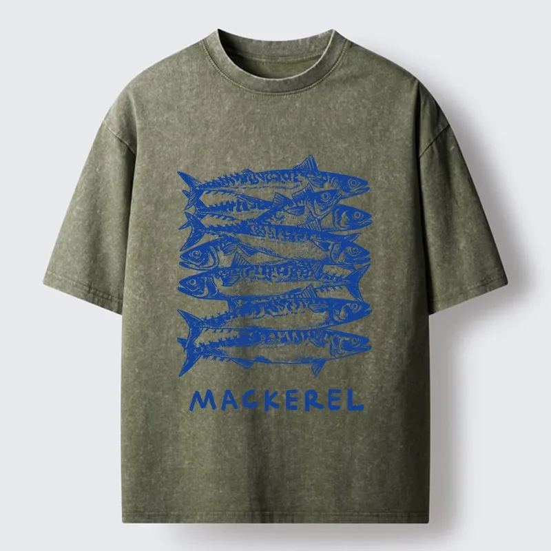 Tokyo-Tiger Retro Block Print Blue Mackerel School Washed T-Shirt