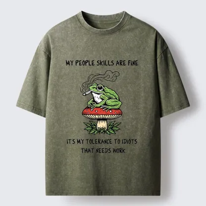 Tokyo-Tiger Relax Frog On Red Spotted Mushroom Washed T-Shirt