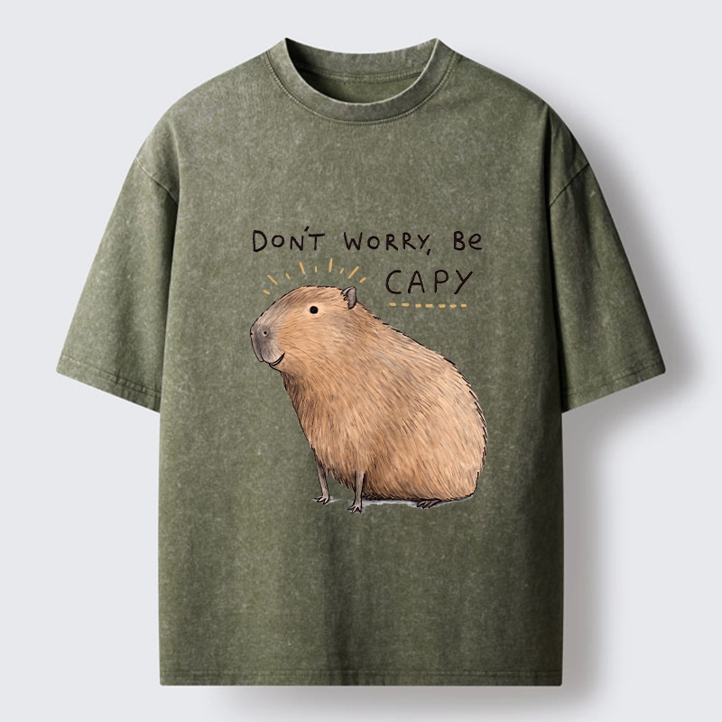 Tokyo-Tiger Calm Happy Capybara Relax Life Print Washed T-Shirt