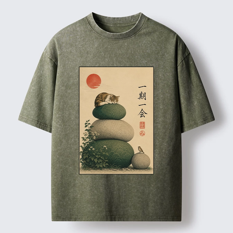 Tokyo-Tiger Peaceful Sleep Kitty Zen Garden Graphic Washed T-Shirt