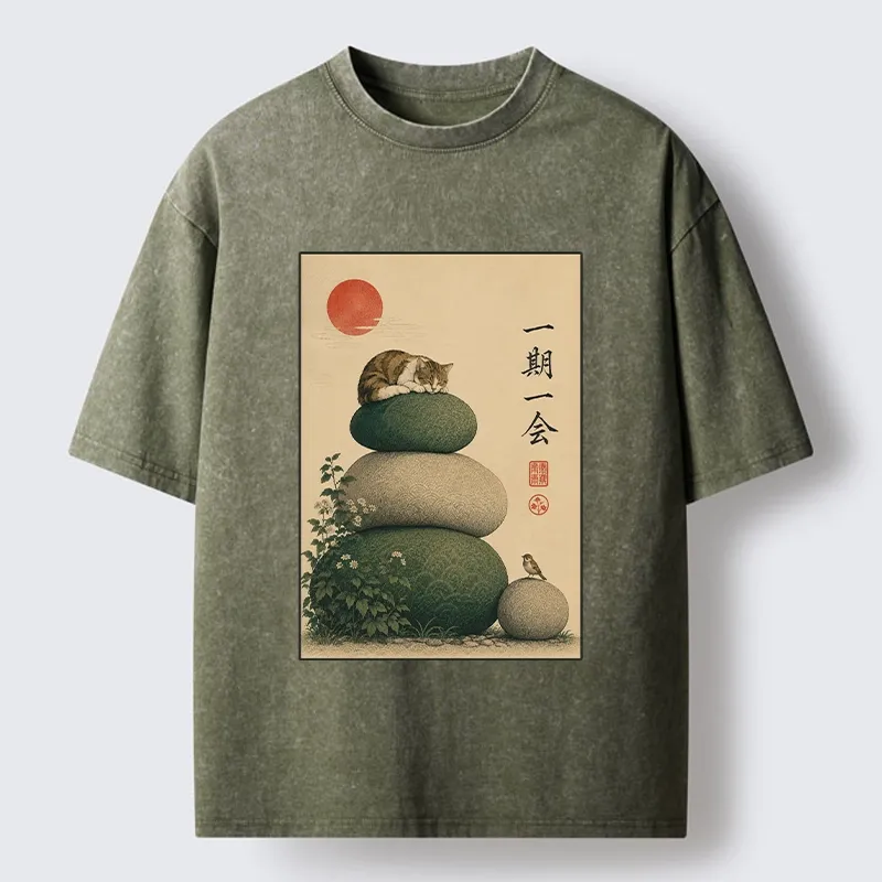 Tokyo-Tiger Peaceful Sleep Kitty Zen Garden Graphic Washed T-Shirt
