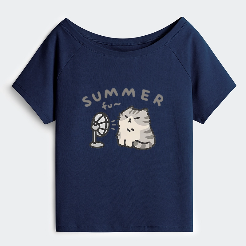 Tokyo-Tiger Summer Cat Chills With A Fan Off Shoulder T-Shirt