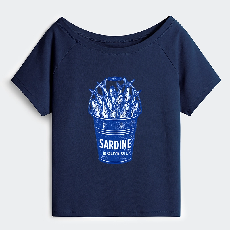 Tokyo-Tiger Vintage Bucket Full Of Fresh Sardines Off Shoulder T-Shirt