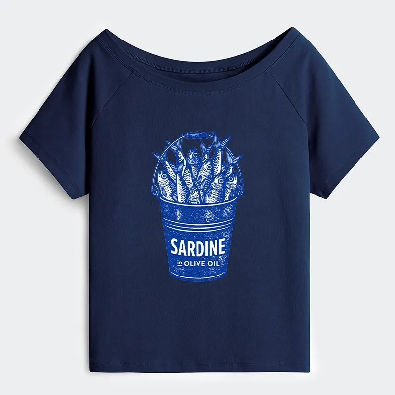 Tokyo-Tiger Vintage Bucket Full Of Fresh Sardines Off Shoulder T-Shirt