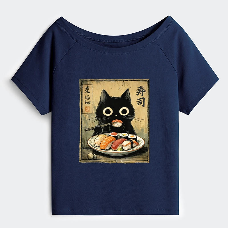 Tokyo-Tiger Vintage Japanese Sushi Cat Off Shoulder T-Shirt