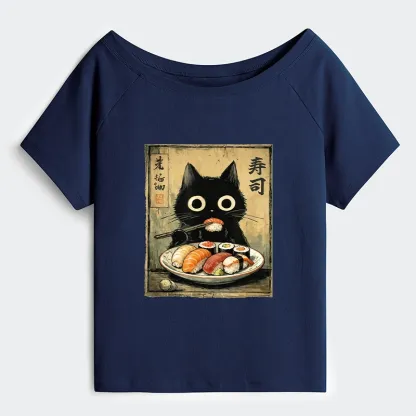 Tokyo-Tiger Vintage Japanese Sushi Cat Off Shoulder T-Shirt