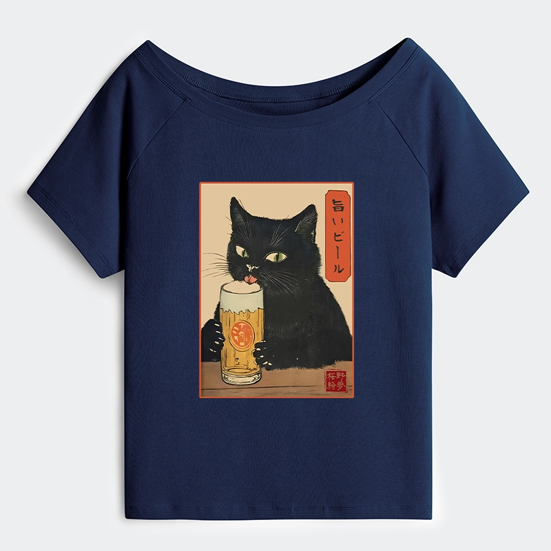 Tokyo-Tiger Cat Holding A Glass Of Beer Off Shoulder T-Shirt