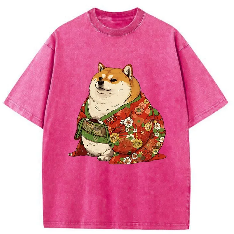 Tokyo-Tiger Shiba Inu Wearing Kimono Washed T-Shirt