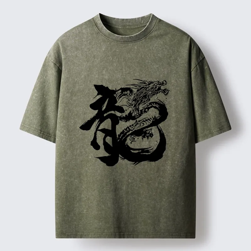 Tokyo-Tiger Ink Dragon Kanji Traditional Art Washed T-Shirt