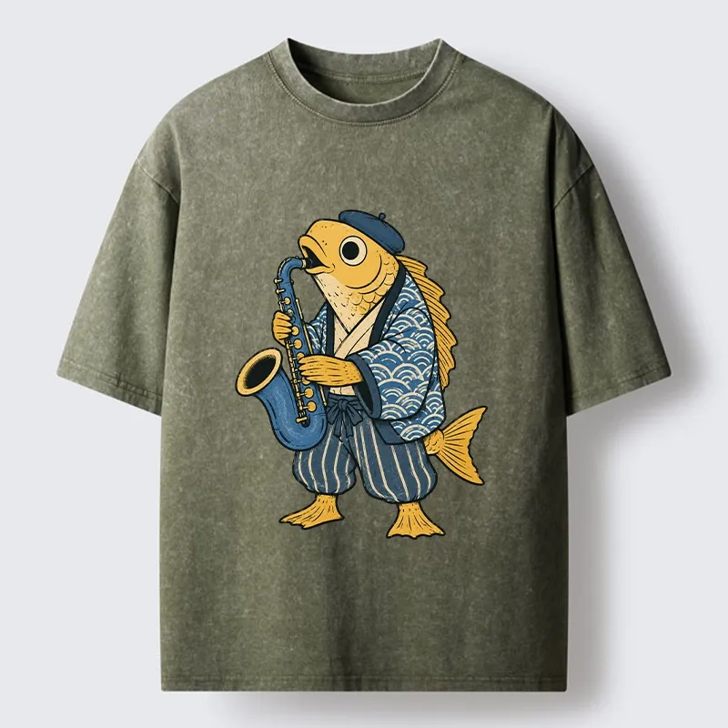Tokyo-Tiger Jazz Sax Fish Vintage Japanese Ukiyo Art Washed T-Shirt