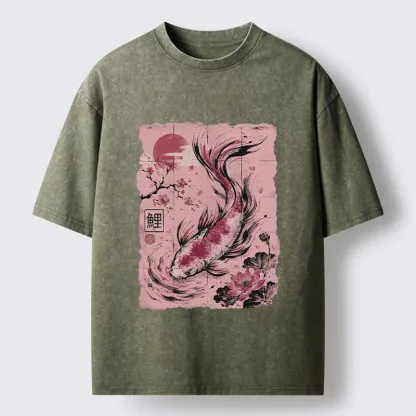 Tokyo-Tiger Sakura Lotus Koi Old Scroll Asian Tee Washed T-Shirt