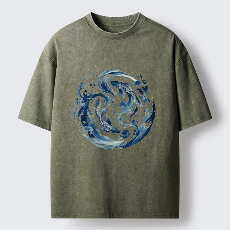 Tokyo-Tiger Monochrome Blue Yin Yang Fish Tee Washed T-Shirt