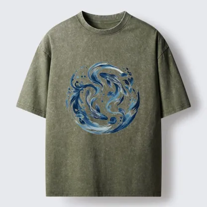 Tokyo-Tiger Monochrome Blue Yin Yang Fish Tee Washed T-Shirt