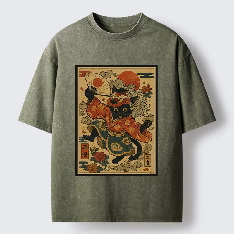 Tokyo-Tiger Kimono Cat Fan Peony Lucky Peace Print Washed T-Shirt