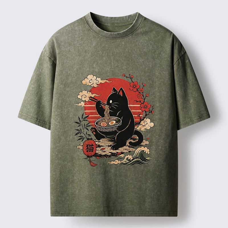 Tokyo-Tiger Black Cat Eating Ramen Cherry Blossom Art Washed T-Shirt