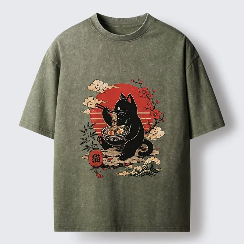 Tokyo-Tiger Black Cat Eating Ramen Cherry Blossom Art Washed T-Shirt