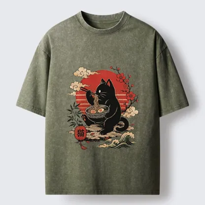 Tokyo-Tiger Black Cat Eating Ramen Cherry Blossom Art Washed T-Shirt