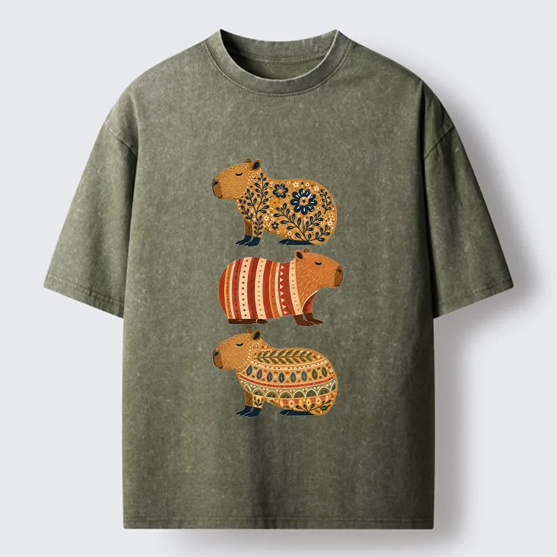 Tokyo-Tiger Folk Floral Striped Capybara Trio Print Washed T-Shirt