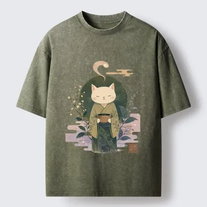 Tokyo-Tiger Soft Green Zen Cat Tea Blossom Stamp Art Washed T-Shirt