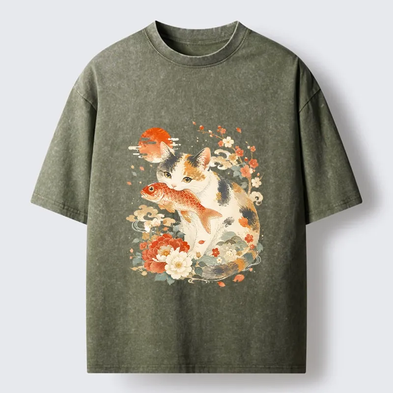 Tokyo-Tiger Traditional Japanese Cat Koi Bloom Art Washed T-Shirt