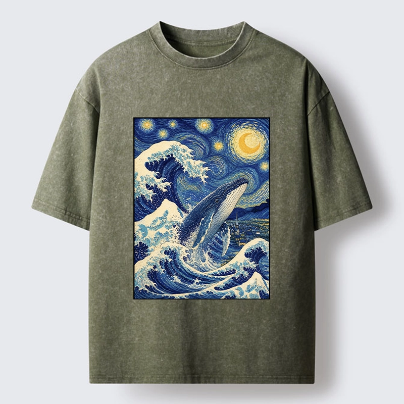 Tokyo-Tiger Starry Wave Whale Classic Art Mix Washed T-Shirt
