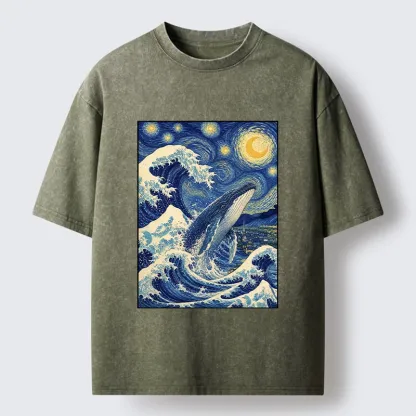 Tokyo-Tiger Starry Wave Whale Classic Art Mix Washed T-Shirt