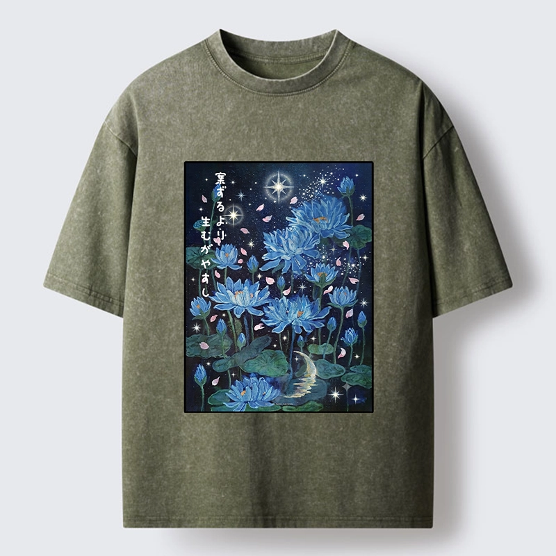 Tokyo-Tiger Night Lotus Star Soft Zen Graphic Washed T-Shirt