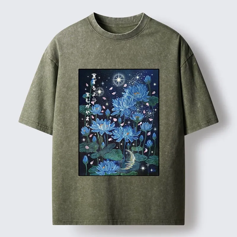 Tokyo-Tiger Night Lotus Star Soft Zen Graphic Washed T-Shirt