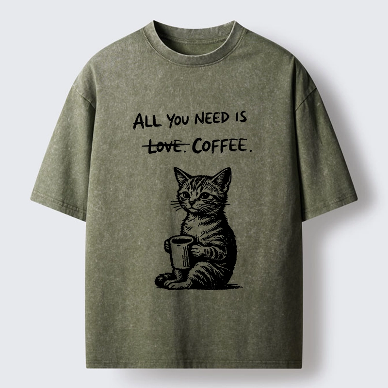 Tokyo-Tiger Cute Cat Coffee Daily Happy Vibe Washed T-Shirt