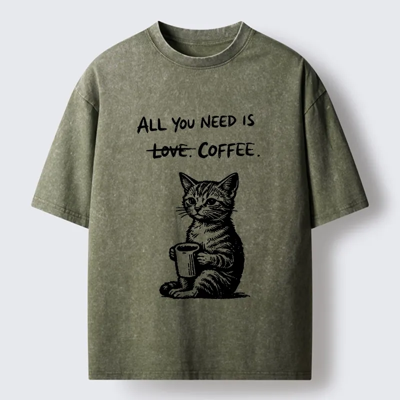 Tokyo-Tiger Cute Cat Coffee Daily Happy Vibe Washed T-Shirt