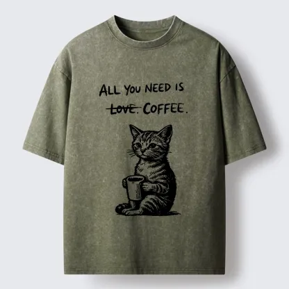 Tokyo-Tiger Cute Cat Coffee Daily Happy Vibe Washed T-Shirt