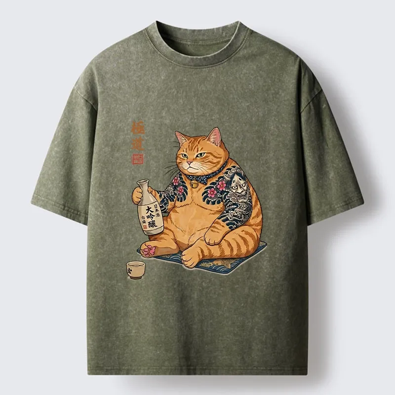 Tokyo-Tiger Traditional Japanese Cat Sake Tee Washed T-Shirt