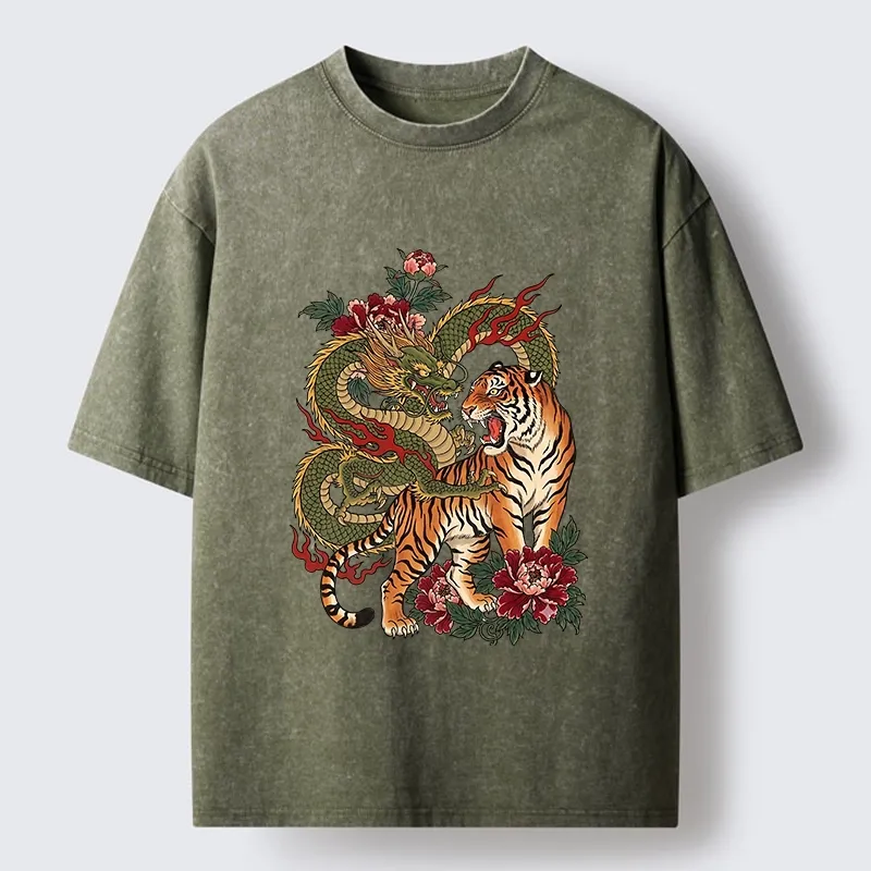 Tokyo-Tiger Vintage Asian Dragon Tiger Floral Vibe Washed T-Shirt