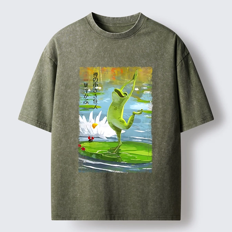 Tokyo-Tiger Yoga Frog Lotus Zen Funny Meme Washed T-Shirt