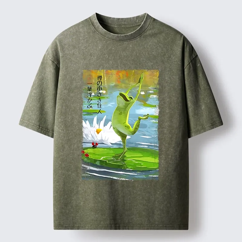 Tokyo-Tiger Yoga Frog Lotus Zen Funny Meme Washed T-Shirt