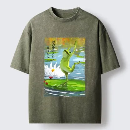 Tokyo-Tiger Yoga Frog Lotus Zen Funny Meme Washed T-Shirt