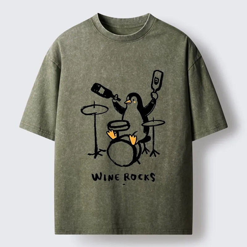 Tokyo-Tiger Cute Penguin Play Drum Drink Wine Print Washed T-Shirt