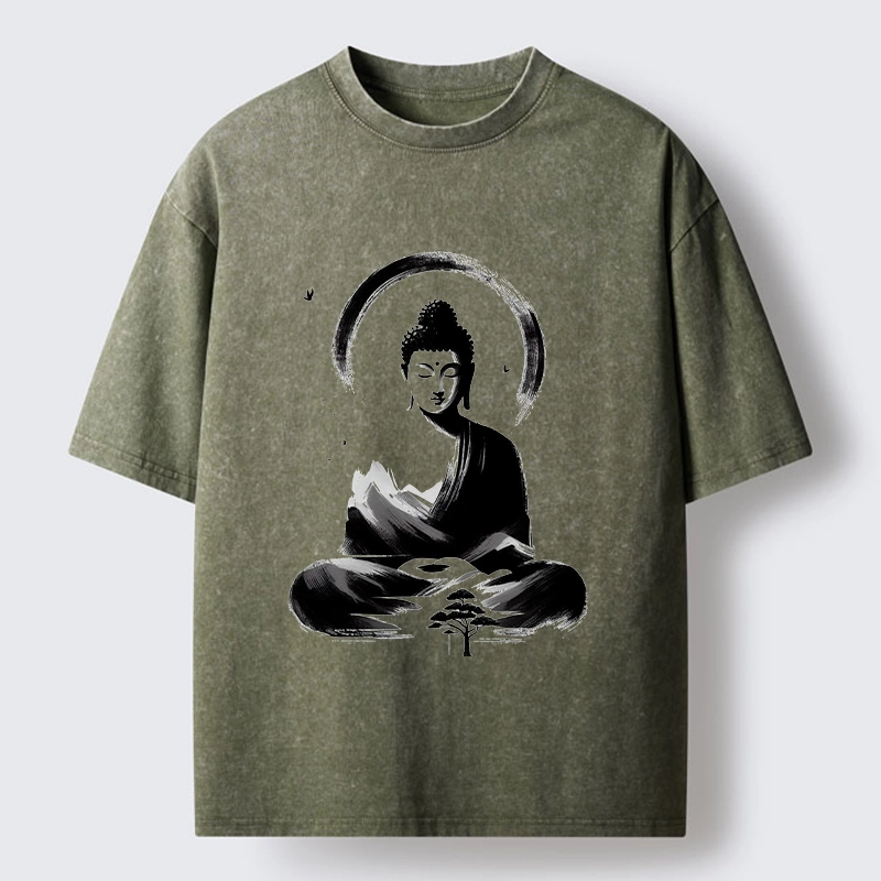 Tokyo-Tiger Serene Mountain Buddha Zen Art Washed T-Shirt