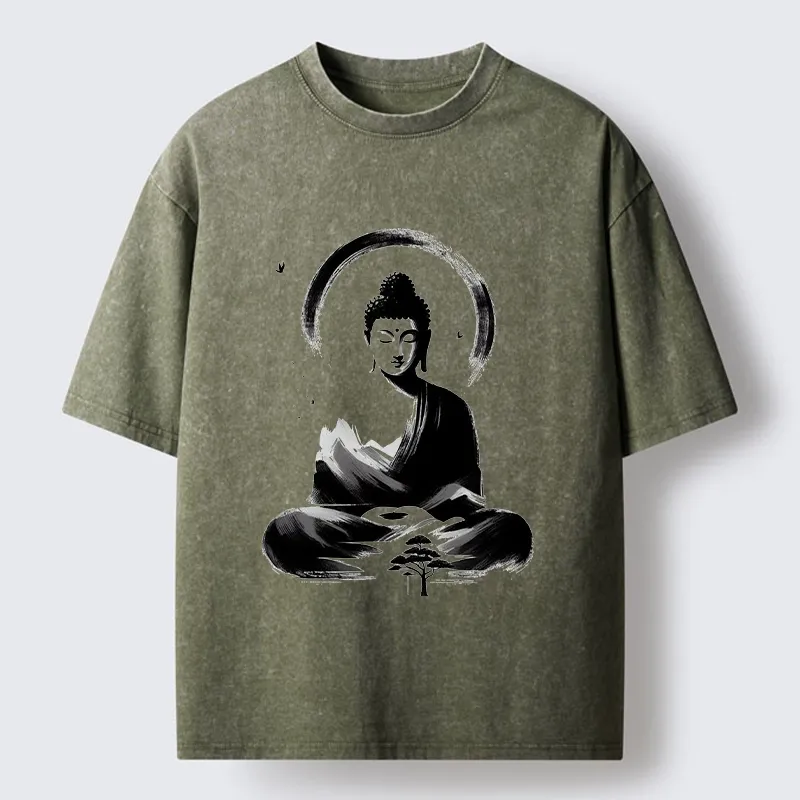 Tokyo-Tiger Serene Mountain Buddha Zen Art Washed T-Shirt