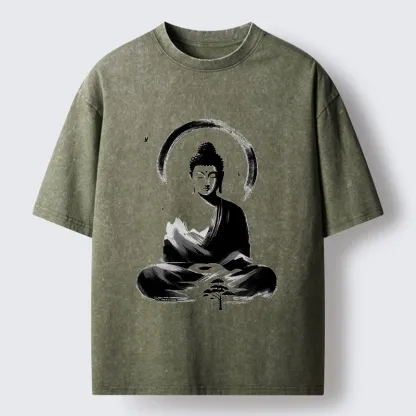 Tokyo-Tiger Serene Mountain Buddha Zen Art Washed T-Shirt