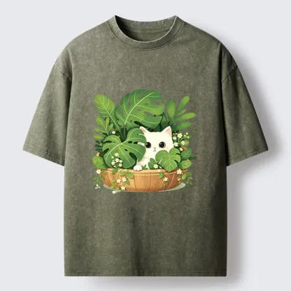 Tokyo-Tiger Sweet White Cat Green Plant Vibe Washed T-Shirt