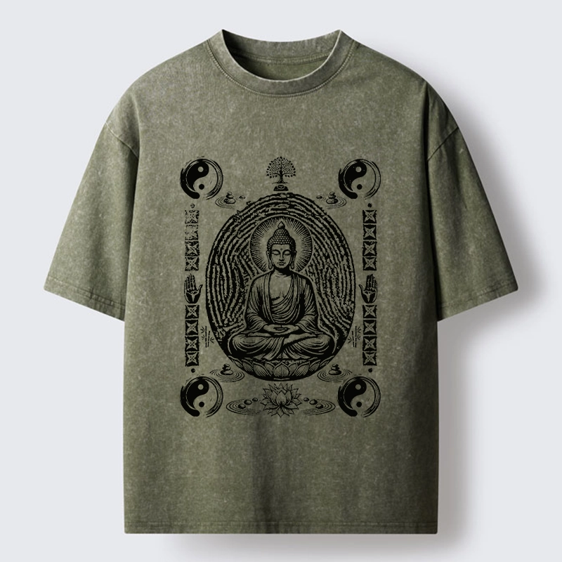 Tokyo-Tiger Minimal Spiritual Buddha Ink Art Washed T-Shirt