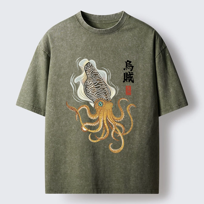 Tokyo-Tiger Ink Style Cuttlefish Japan Art Washed T-Shirt