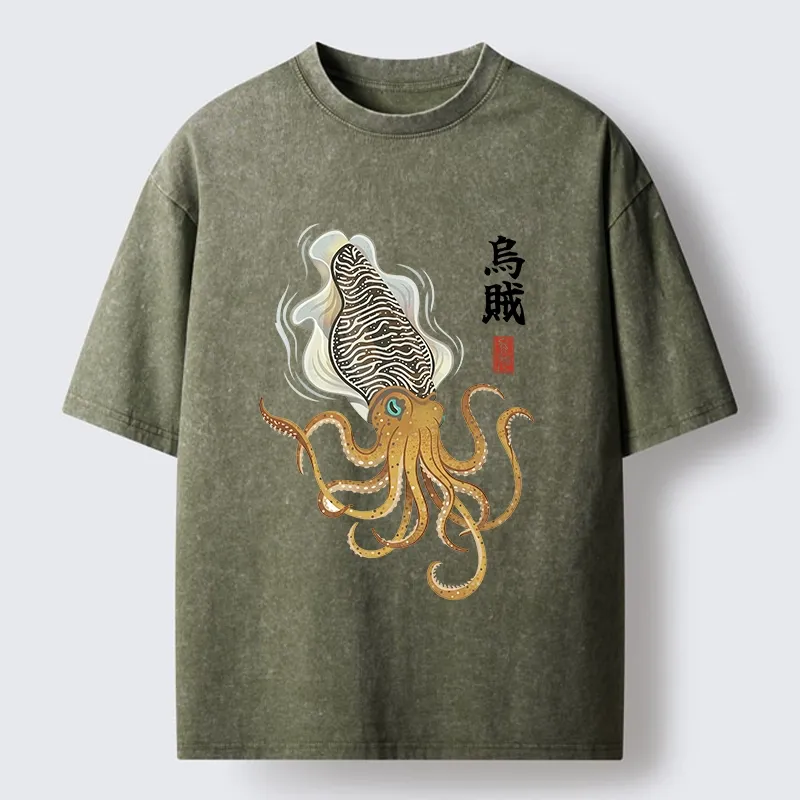 Tokyo-Tiger Ink Style Cuttlefish Japan Art Washed T-Shirt