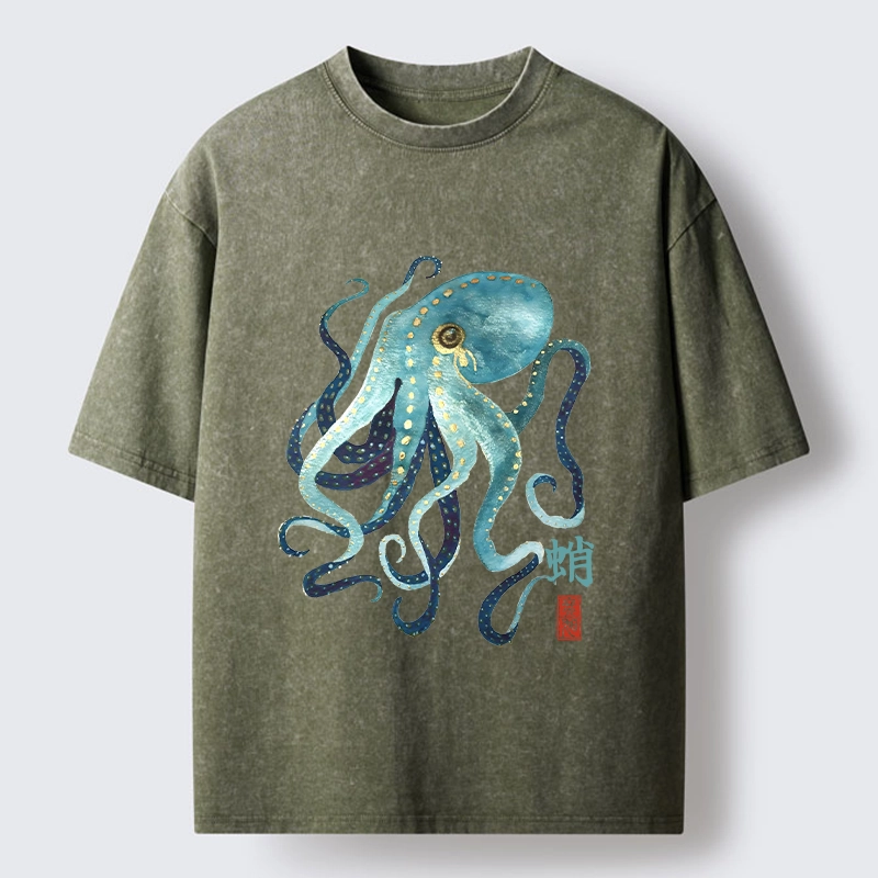 Tokyo-Tiger Soft Watercolor Octopus Japanese Art Washed T-Shirt